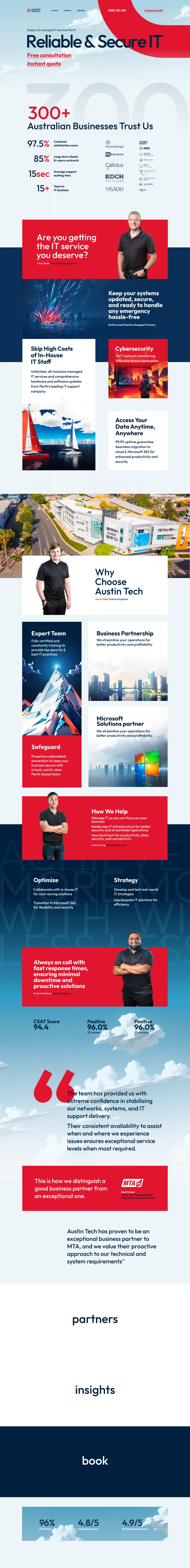 Austin Technology IT managed services landing page design in red and white with tiled service cards