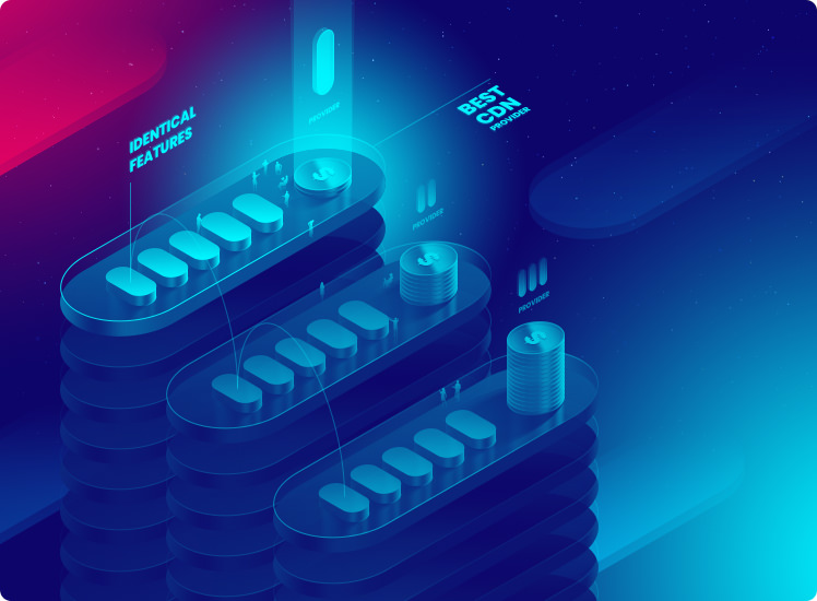 Isometric illustration for CDNfinder: three stacked tracks with identical features and different prices, the best CDN provider highlighted