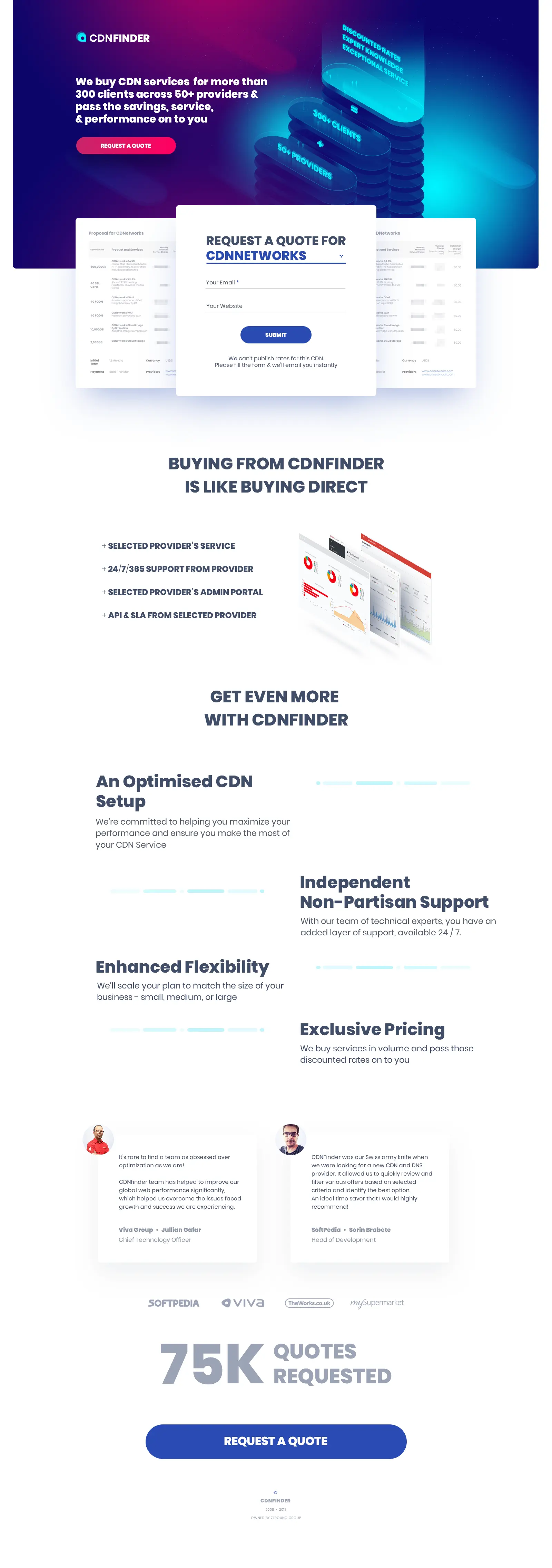 CDNfinder request a quote landing page design: dark isometric hero, quote form, testimonials and 75K quotes requested