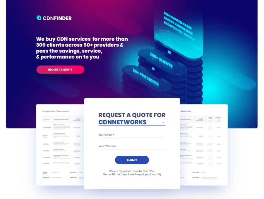 Comparison website quote page: Landing page design for a CDN quote request: dark isometric header with the headline We buy CDN services for more than 300 clients across 50+ providers and a request a quote form for one provider