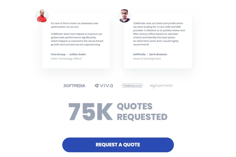 Social proof section of the CDNfinder quote page with two customer testimonials, four company logos, the number 75K quotes requested and a Request a Quote button