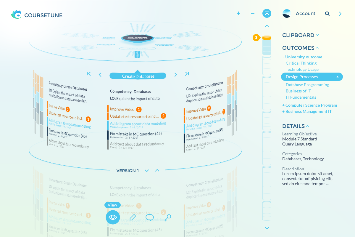 Coursetune course builder dashboard design with a curriculum map, a clipboard and an outcomes sidebar