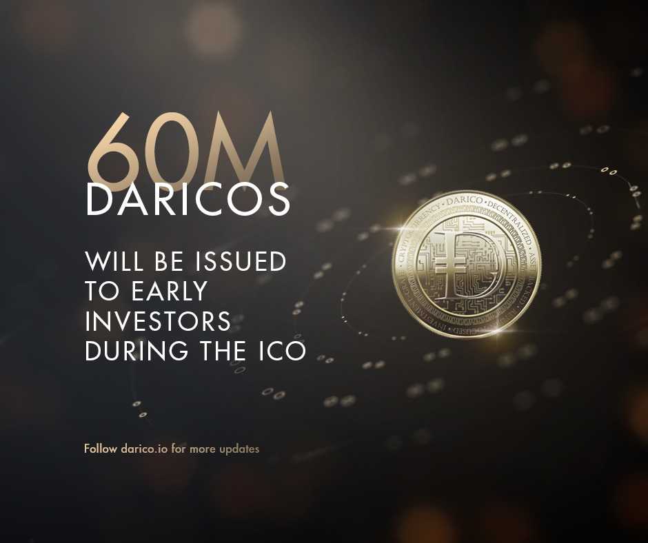 Darico ICO announcement graphic: a gold coin and the line 60M Daricos will be issued to early investors during the ICO