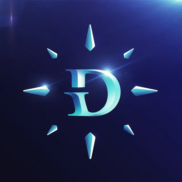 Darico ICO logo design: glowing teal D monogram inside a compass-star burst of light rays on a dark navy background