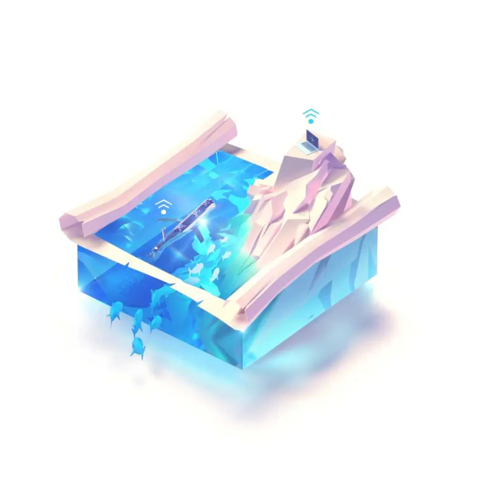 Isometric illustration for Deepsea Drones: a glass block cutaway of an iceberg and an underwater vehicle, with a laptop on the ice