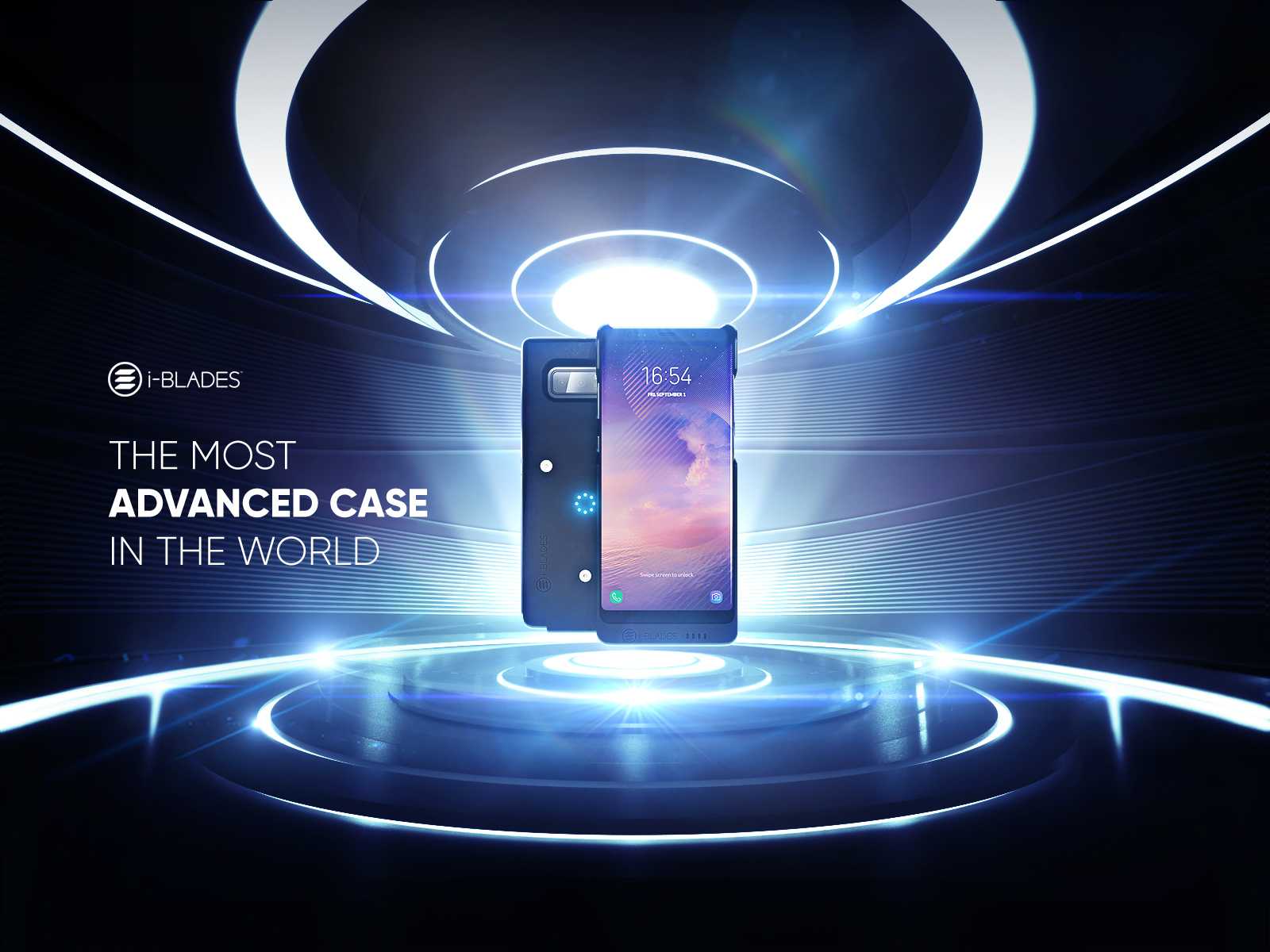 i-BLADES smartphone case hero design: the most advanced case in the world, with glowing white light rings