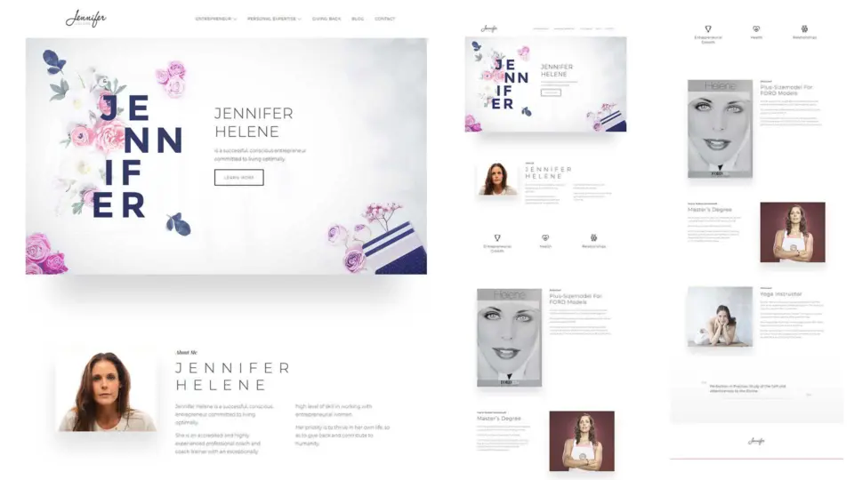 Jennifer Helene about and press page designs tiled together, with floral hero sections