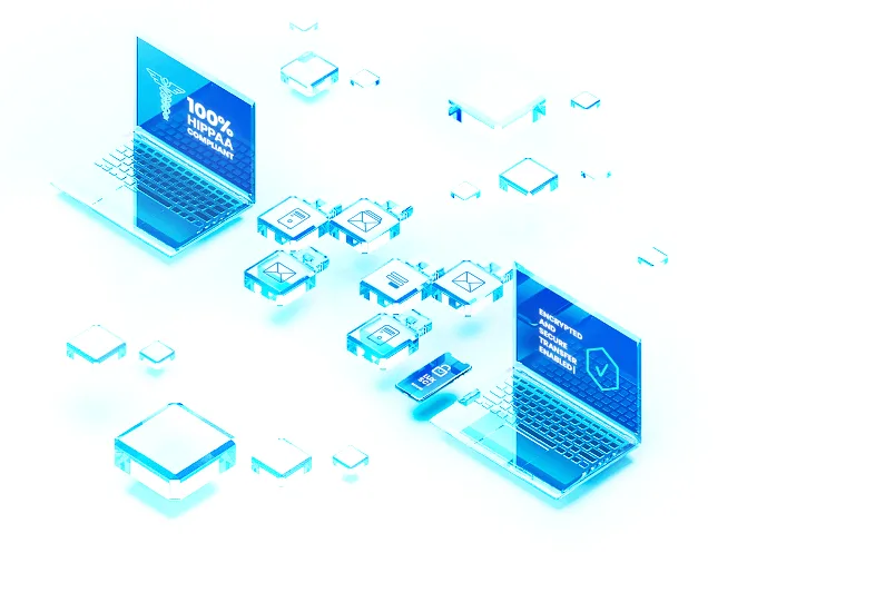 Isometric illustration of two laptops connected by floating glass cubes carrying email and security icons