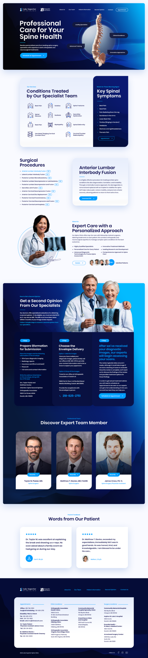 Lake Superior Spine Clinic homepage design: conditions treated, surgical procedures, second opinion and patient feedback