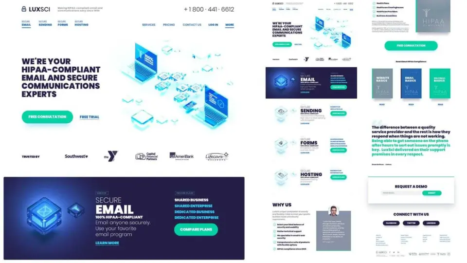 LuxSci homepage design: HIPAA-compliant email hero, service sections, why us, a customer testimonial and a demo request