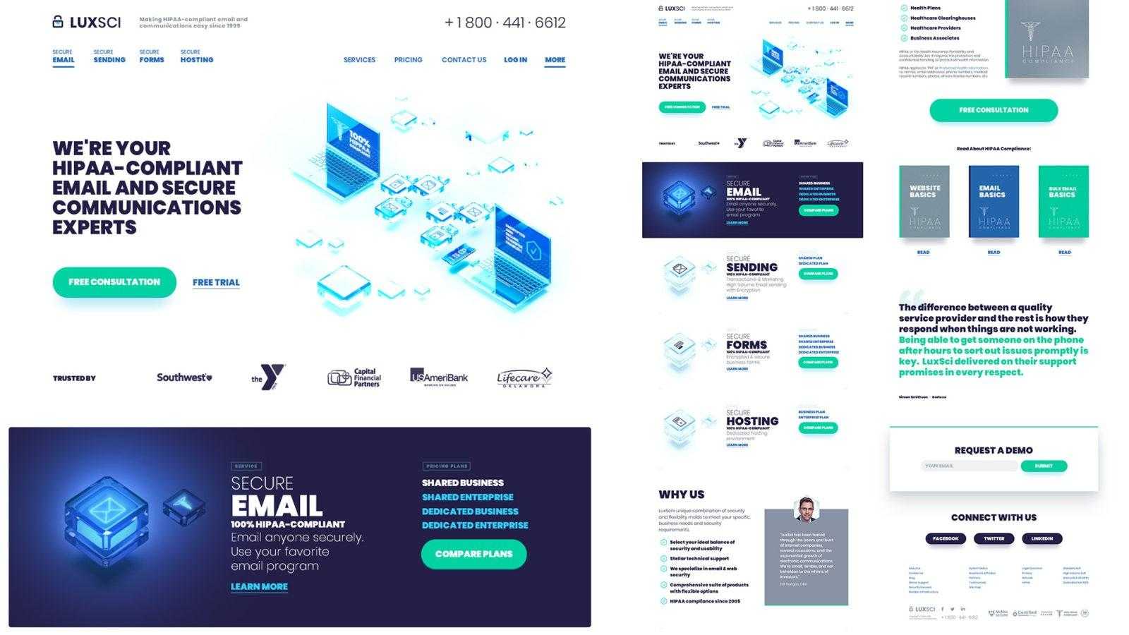 HIPAA-compliant website design: the LuxSci homepage with the hero, service sections, why us, testimonial and demo request on one page