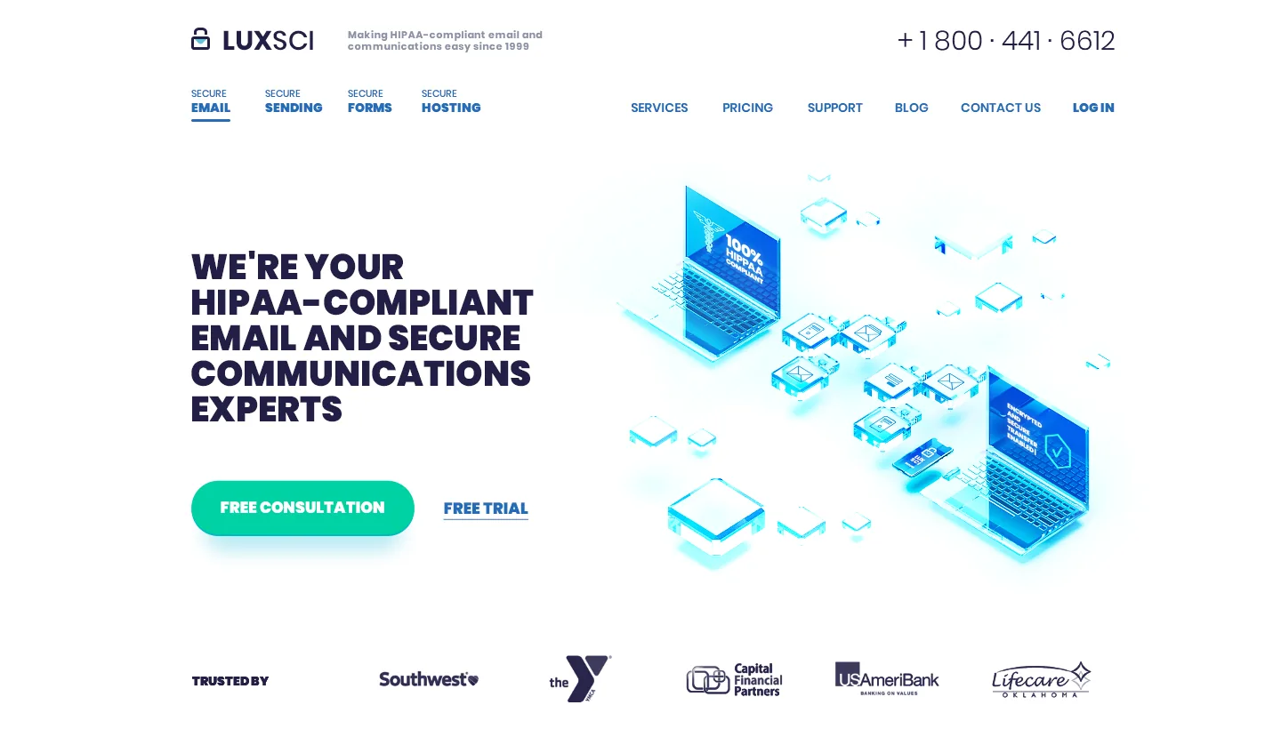 LuxSci homepage design showing the headline We're your HIPAA-compliant email and secure communications experts, two buttons, an isometric illustration of two laptops and a row of customer logos