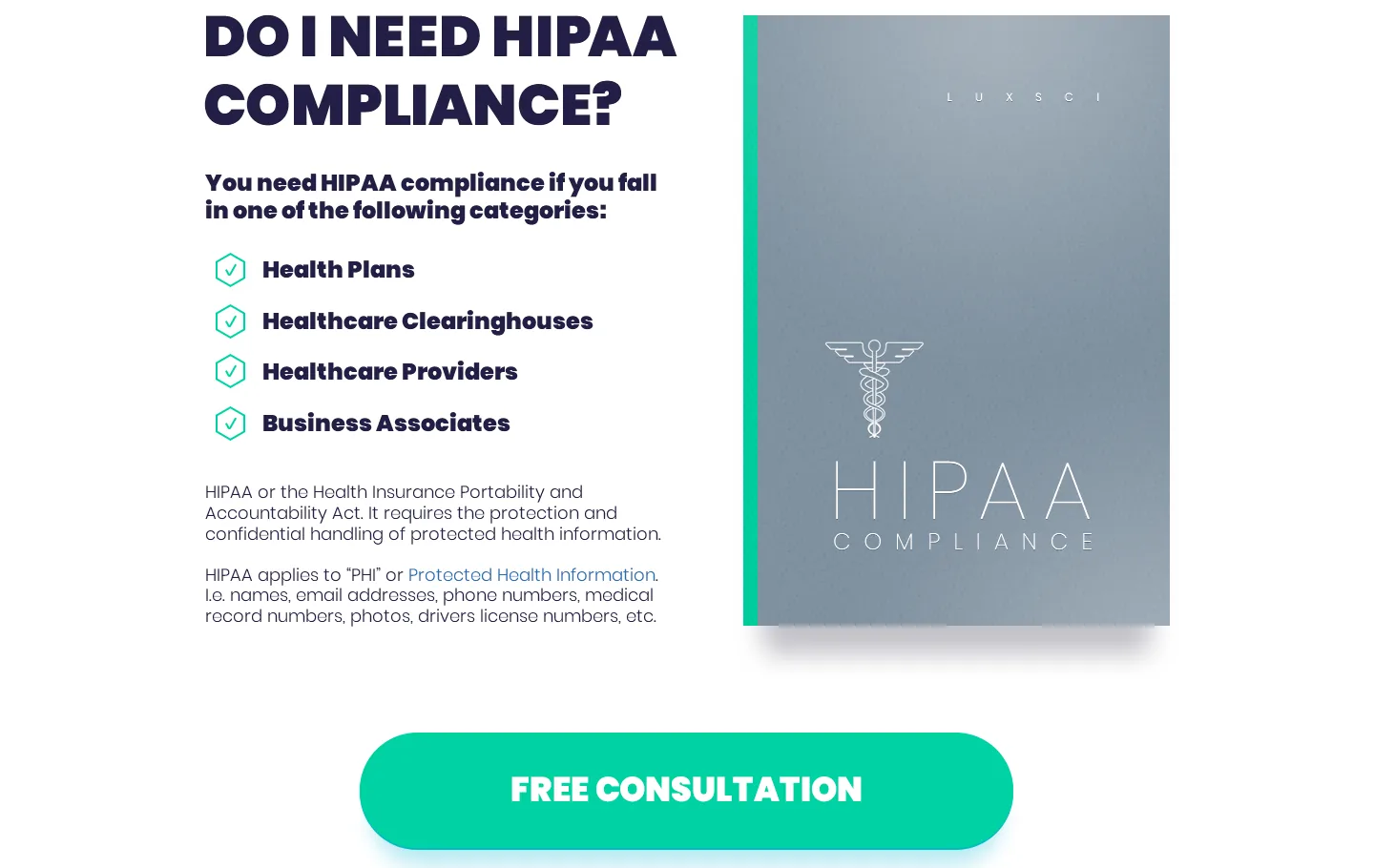 LuxSci section titled Do I need HIPAA compliance with a four-item checklist, a booklet cover and a Free Consultation button