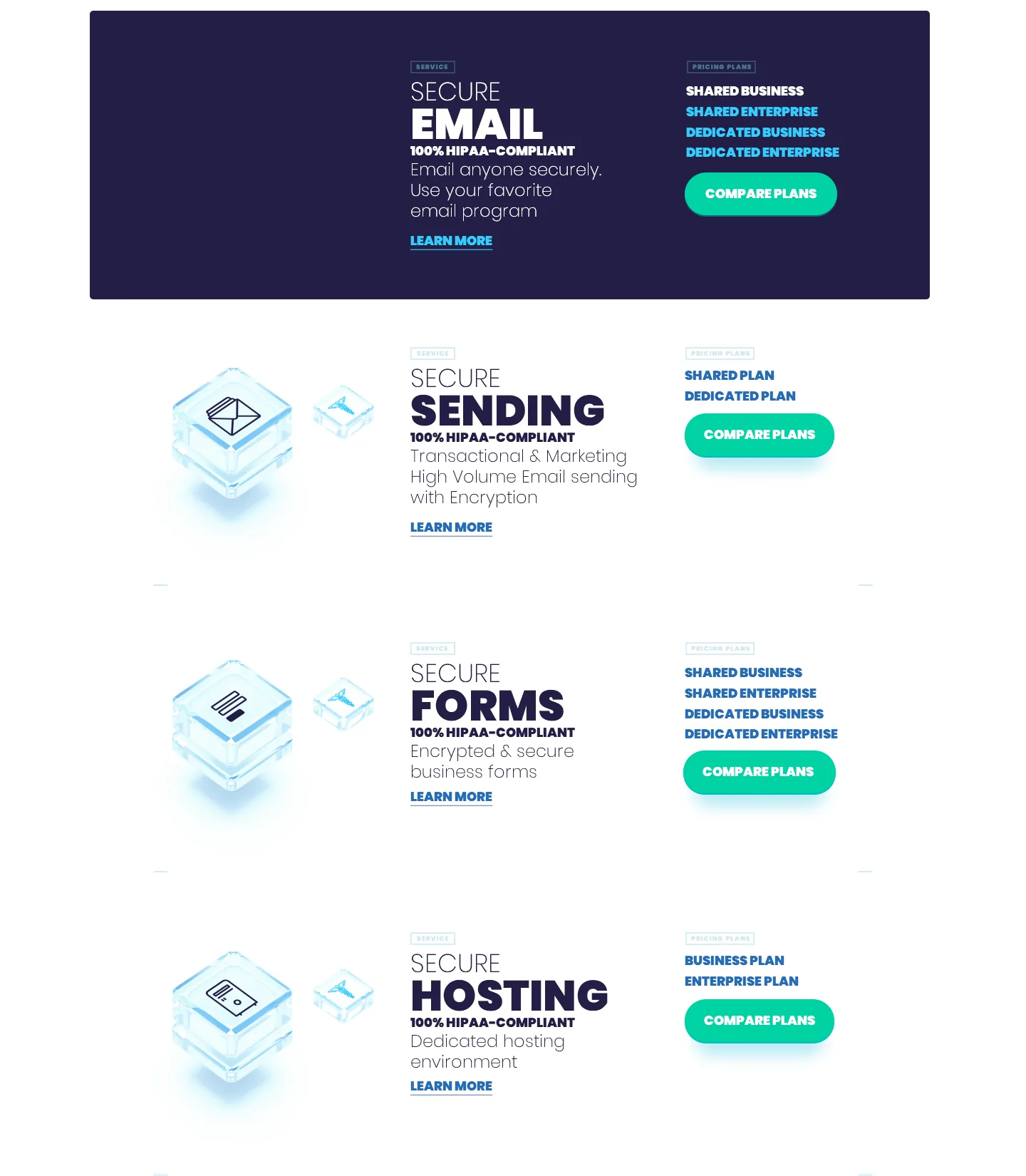 Four LuxSci service sections stacked: Secure Email on a dark card, then Secure Sending, Secure Forms and Secure Hosting, each with an isometric glass cube, a short description and plan buttons
