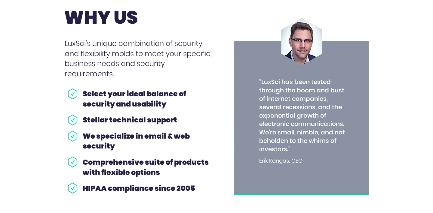 Why us section of the LuxSci page with five bold bullet points and a quote card from the CEO next to his photo