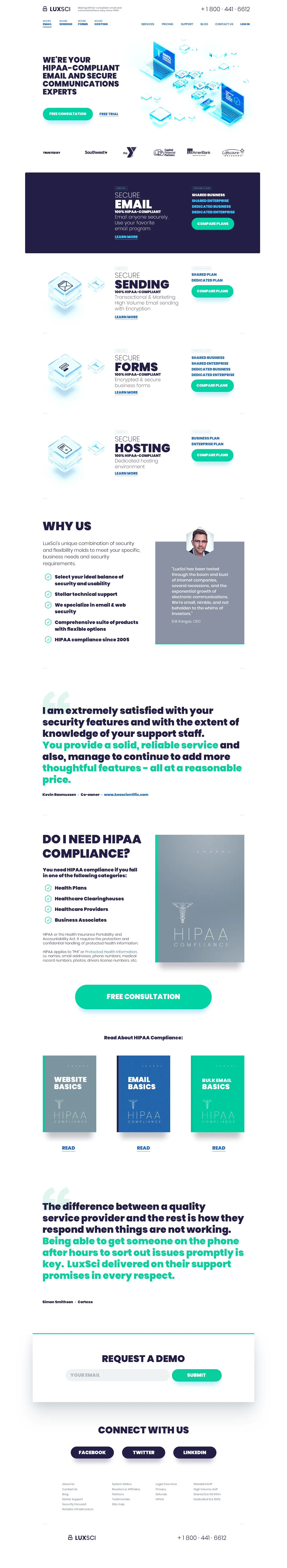 LuxSci why us section design with a bullet list, a CEO quote card and a customer testimonial about support
