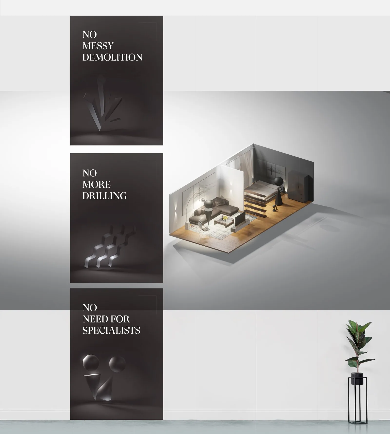 Ö.Wall page section with three dark cards reading No messy demolition, No more drilling and No need for specialists, each with a 3D object, beside an isometric bedroom