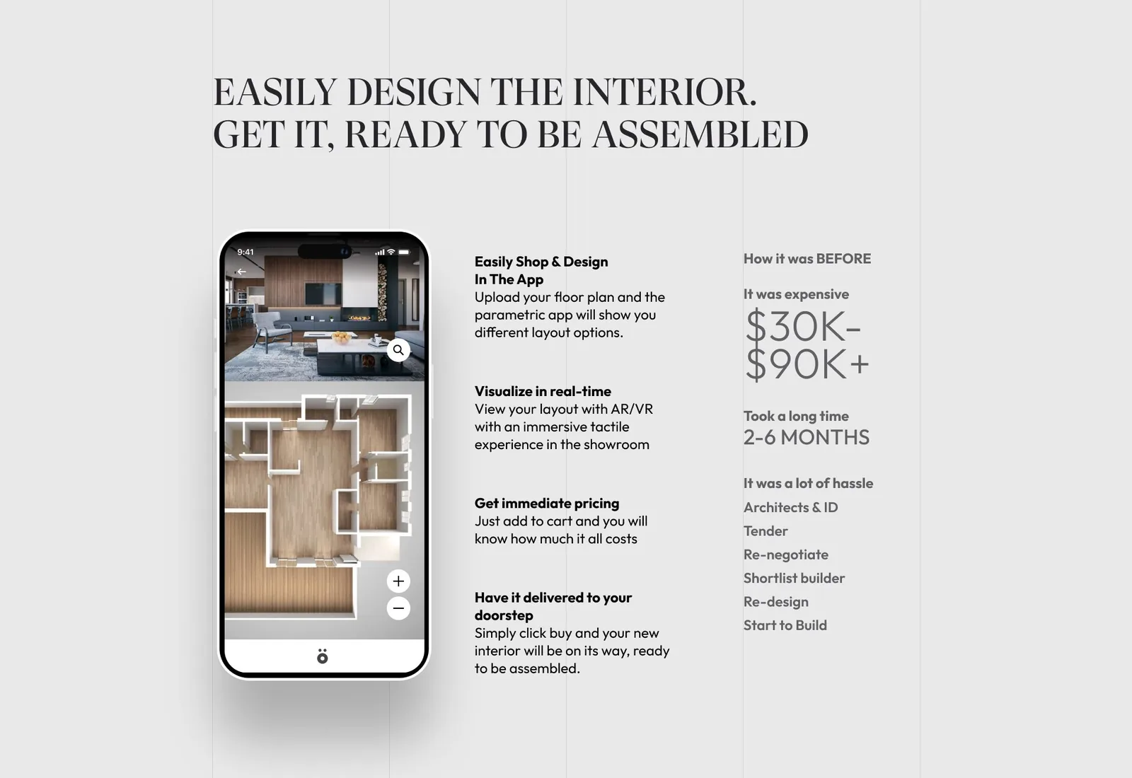 Ö.Wall page section about designing the interior in an app, with a phone mockup, four buying steps and a before column listing the old cost and time