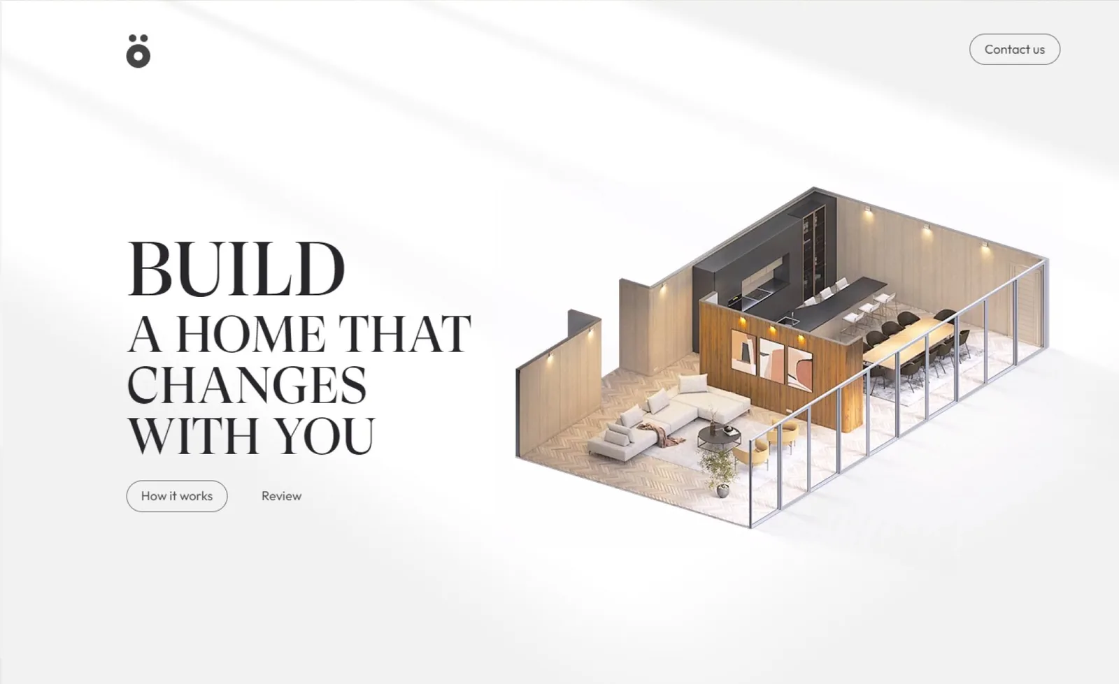 Hero of the Ö.Wall page with the headline Build a home that changes with you next to an isometric cutaway of a modular room
