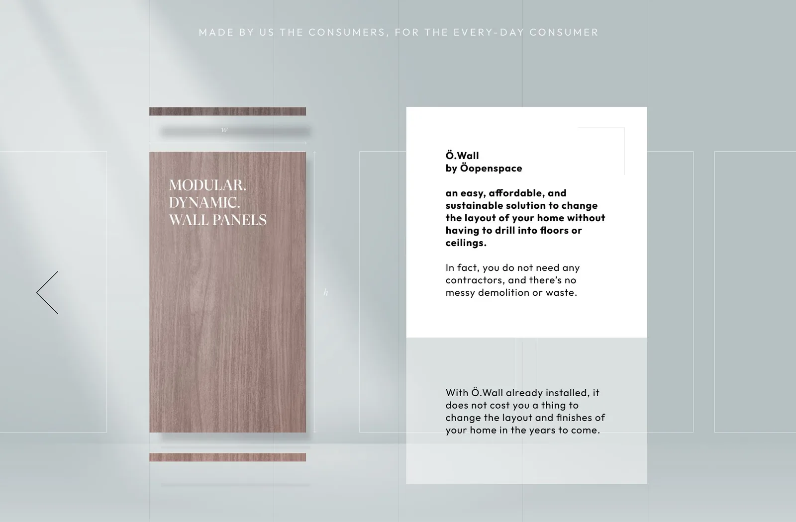 Section of the Ö.Wall page showing a single wood-finish wall panel on its own with a short text card beside it