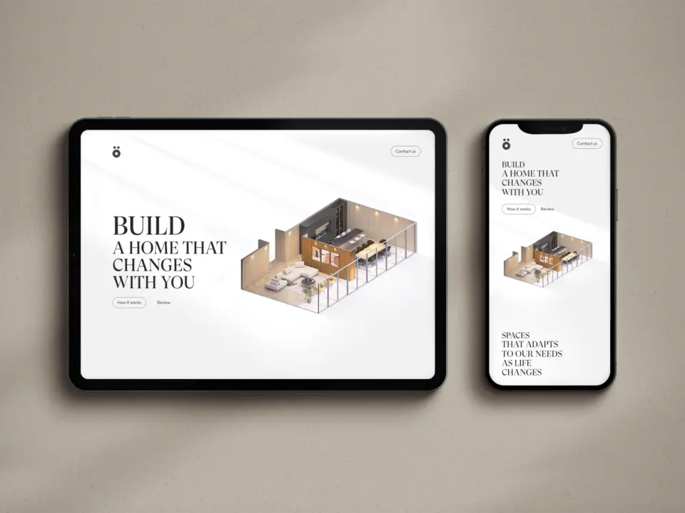 Ö.Wall landing page hero on a tablet and a phone: Build a home that changes with you, with an isometric room