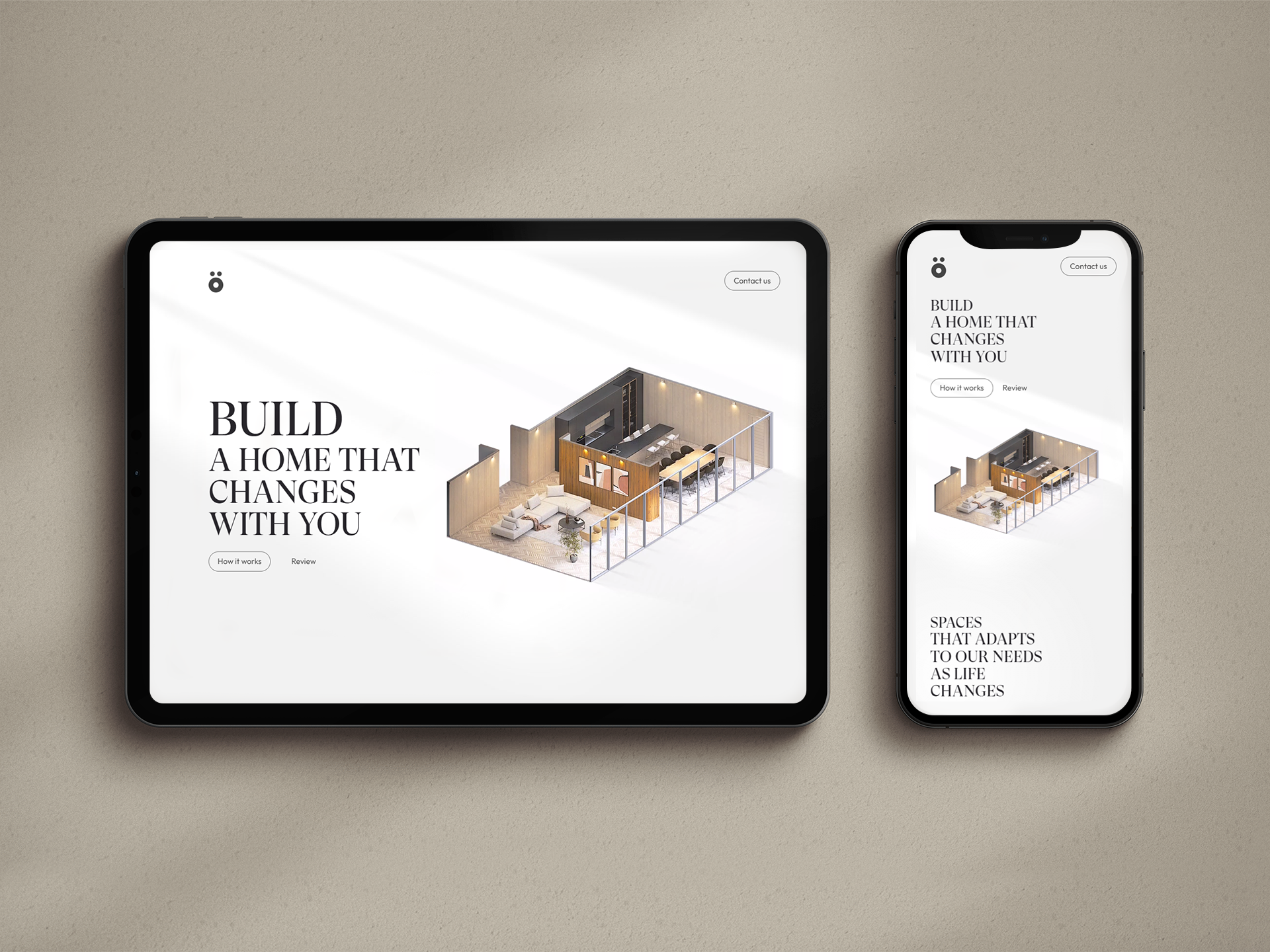 Physical product landing page: the Ö.Wall hero with the headline Build a home that changes with you, on a tablet and a phone