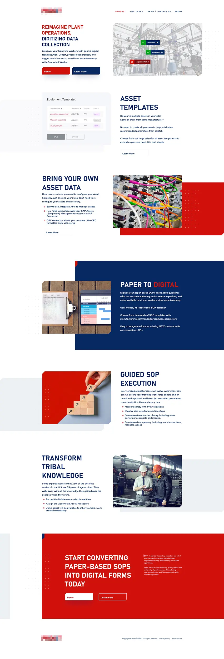 Pridikt landing page design for SOP digitization: a handwritten paper checklist on a clipboard, navy and red B2B SaaS