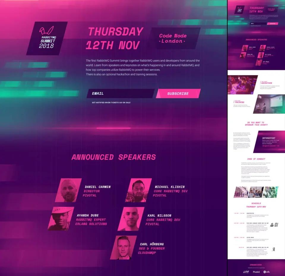 RabbitMQ Summit 2018 landing page design: glitch-style conference page for the event on 12 November 2018
