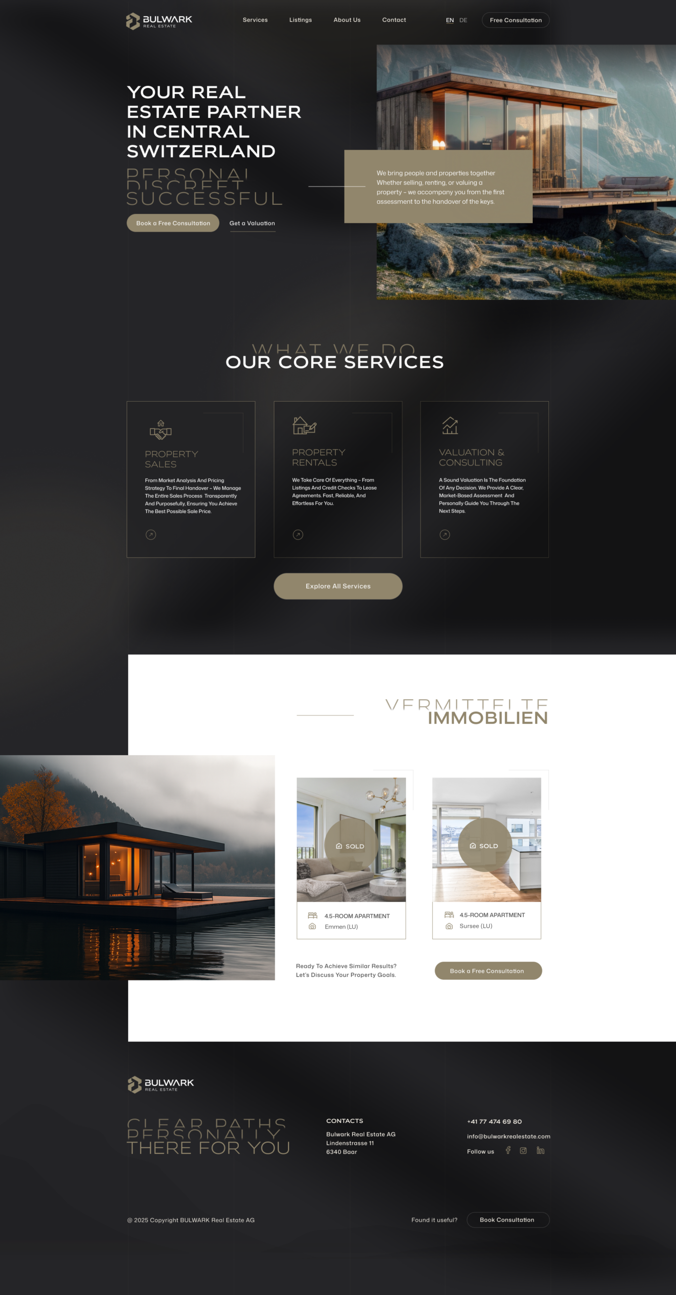 German-language real estate agency website design in dark and gold with property sales, rentals and valuation service tiles