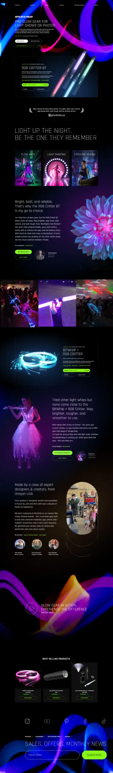 Dark product page design for the RGB Critter flow-art light whip with related products and product sections