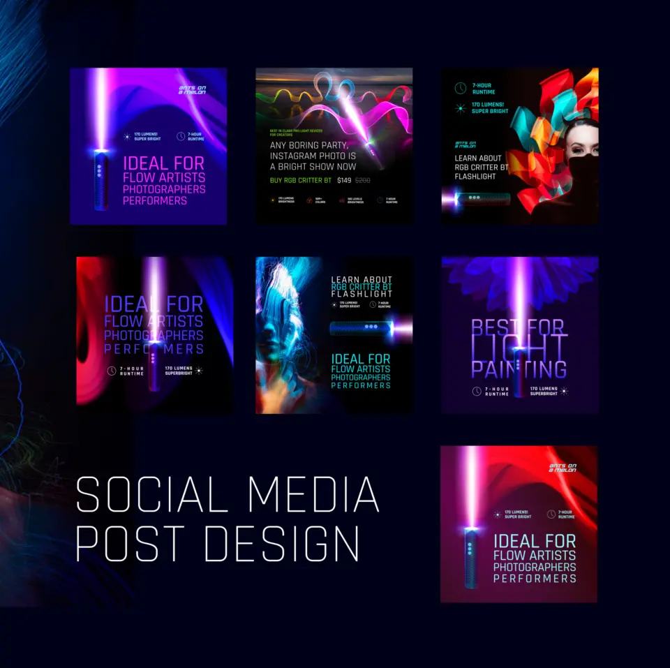 Social media ad tiles for the RGB Critter light whip: seven dark neon square posts