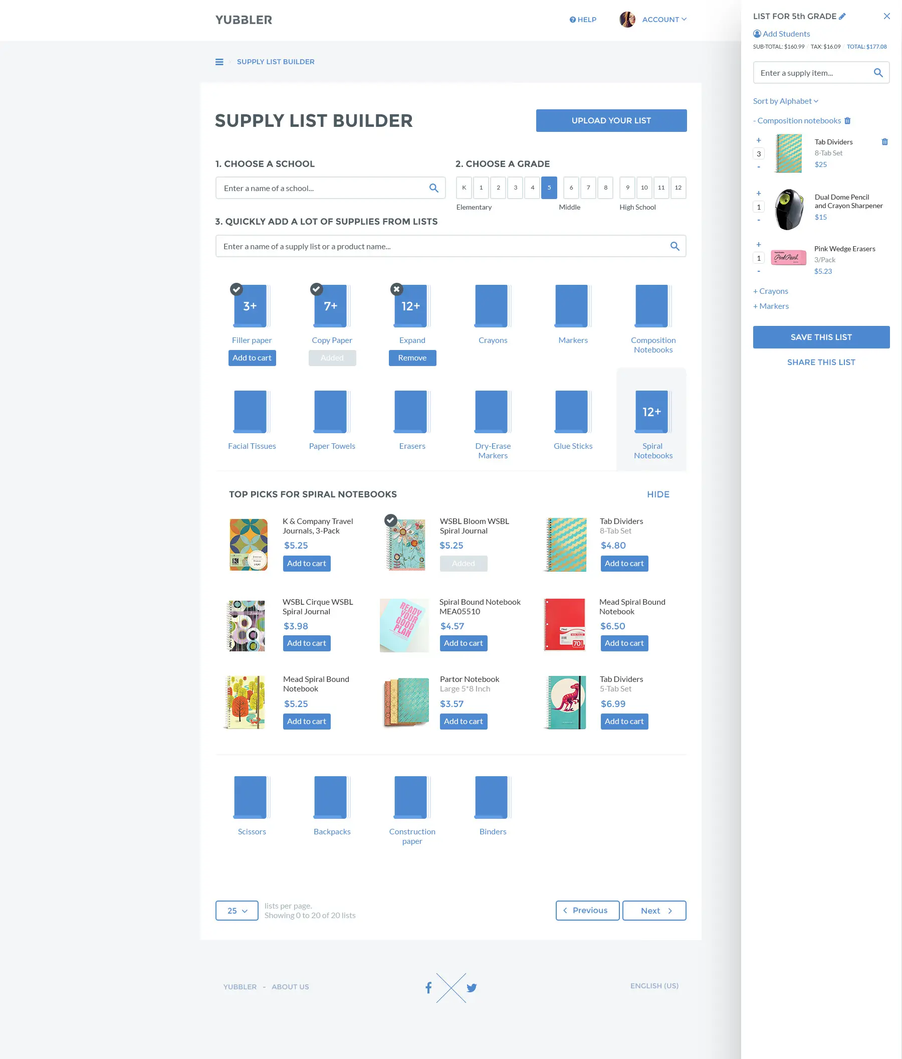 School supply list shopping interface design with a search bar and product category tiles with quantity badges