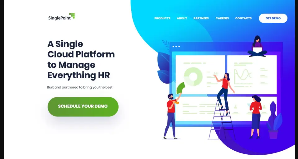 SinglePoint HR platform landing page design in blue and white with product navigation