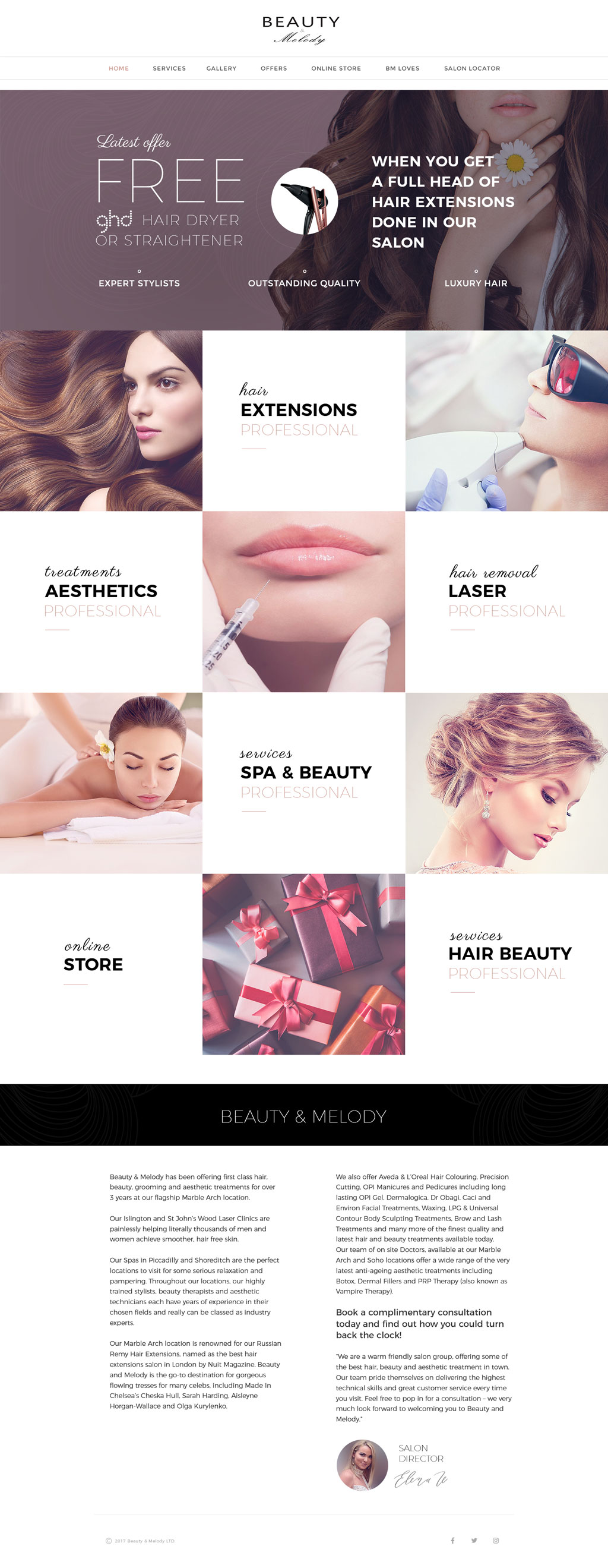 Med spa and beauty services website design: white and pink photo grid for aesthetics, laser, hair and massage
