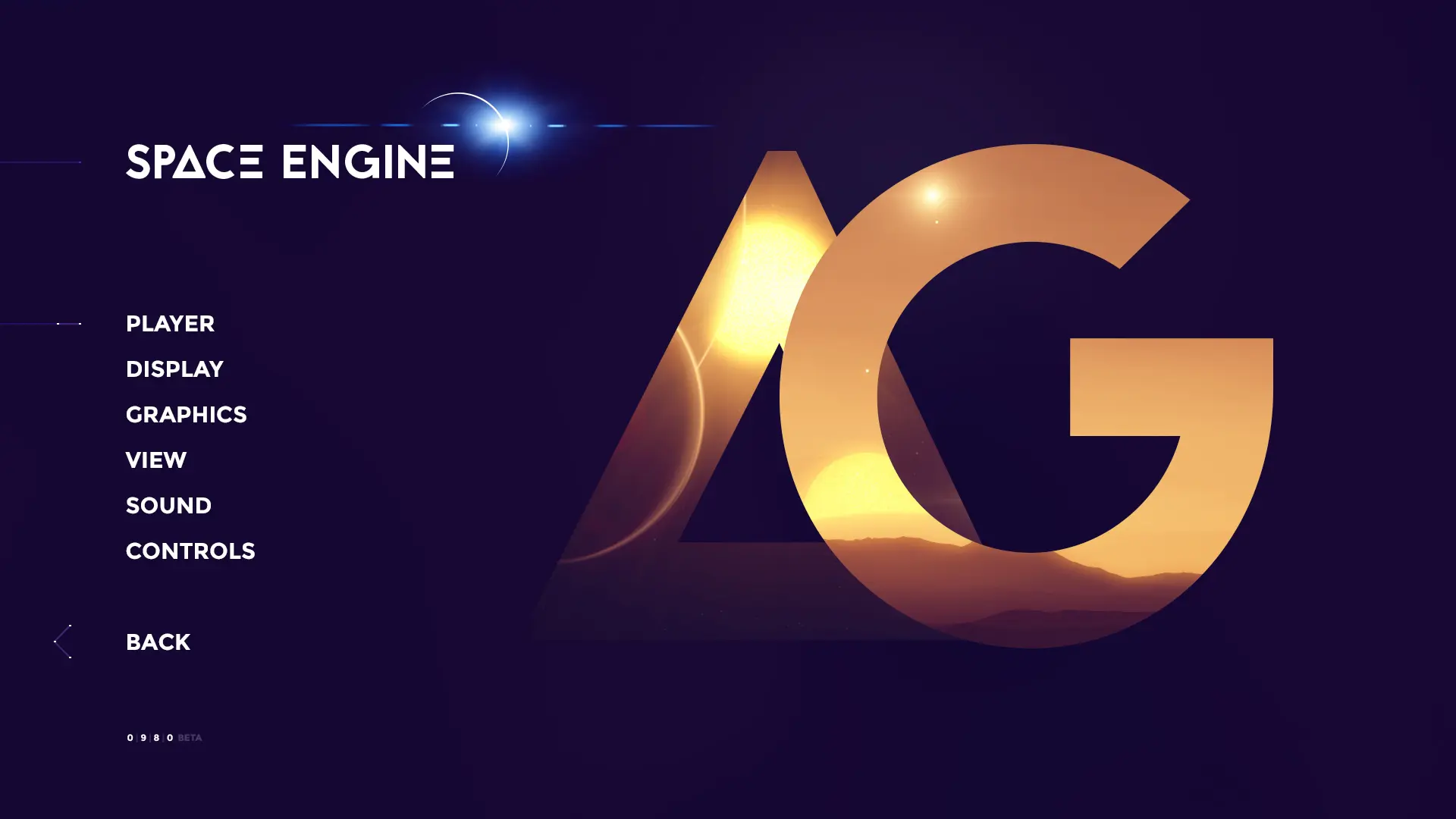 Space Engine menu screen on a dark purple background with a large gold triangular A logo