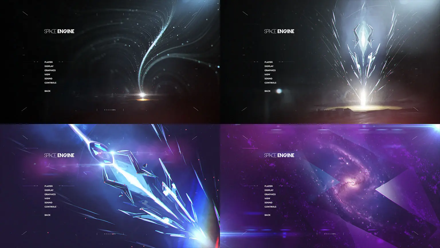 Space Engine menu screens variant: comet trail, crystal with light rays, shattering ship and purple galaxy panels