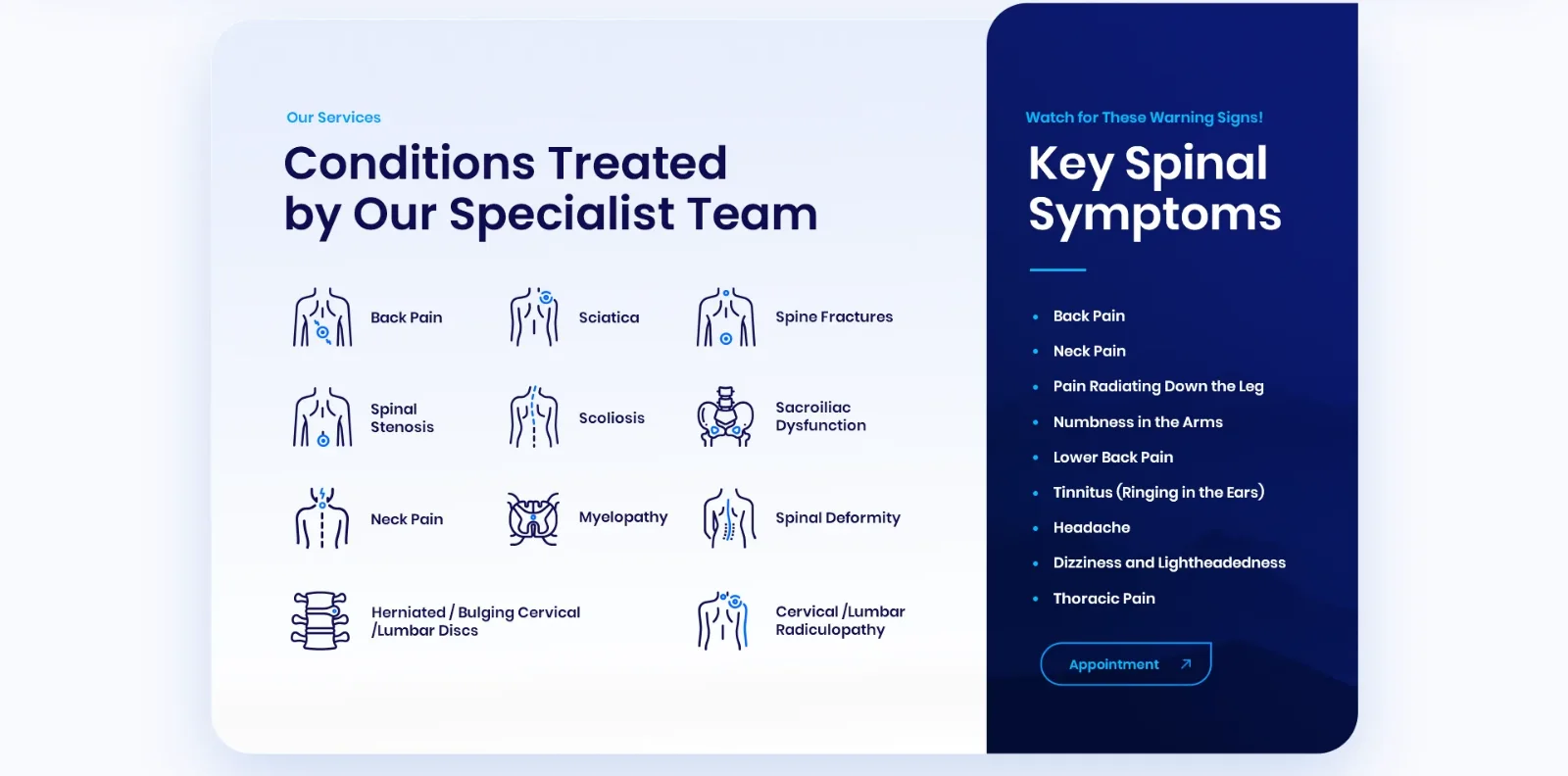 Conditions section of the spine clinic website with eleven icons for back pain, sciatica, spine fractures and other conditions, beside a dark card listing key spinal symptoms