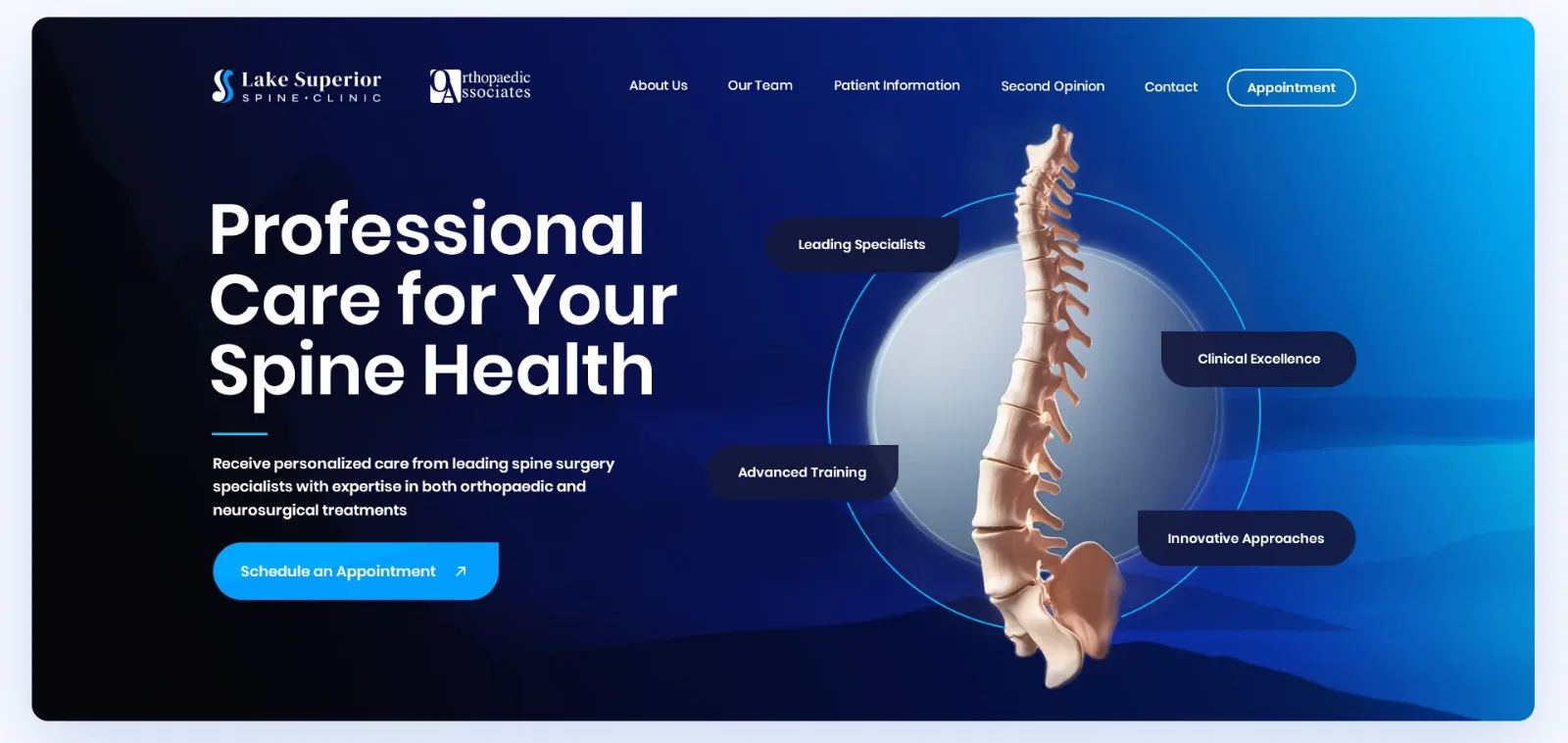 Medical practice website design: hero of the Lake Superior Spine Clinic homepage with the headline Professional Care for Your Spine Health, a 3D spine inside a circle and four floating labels