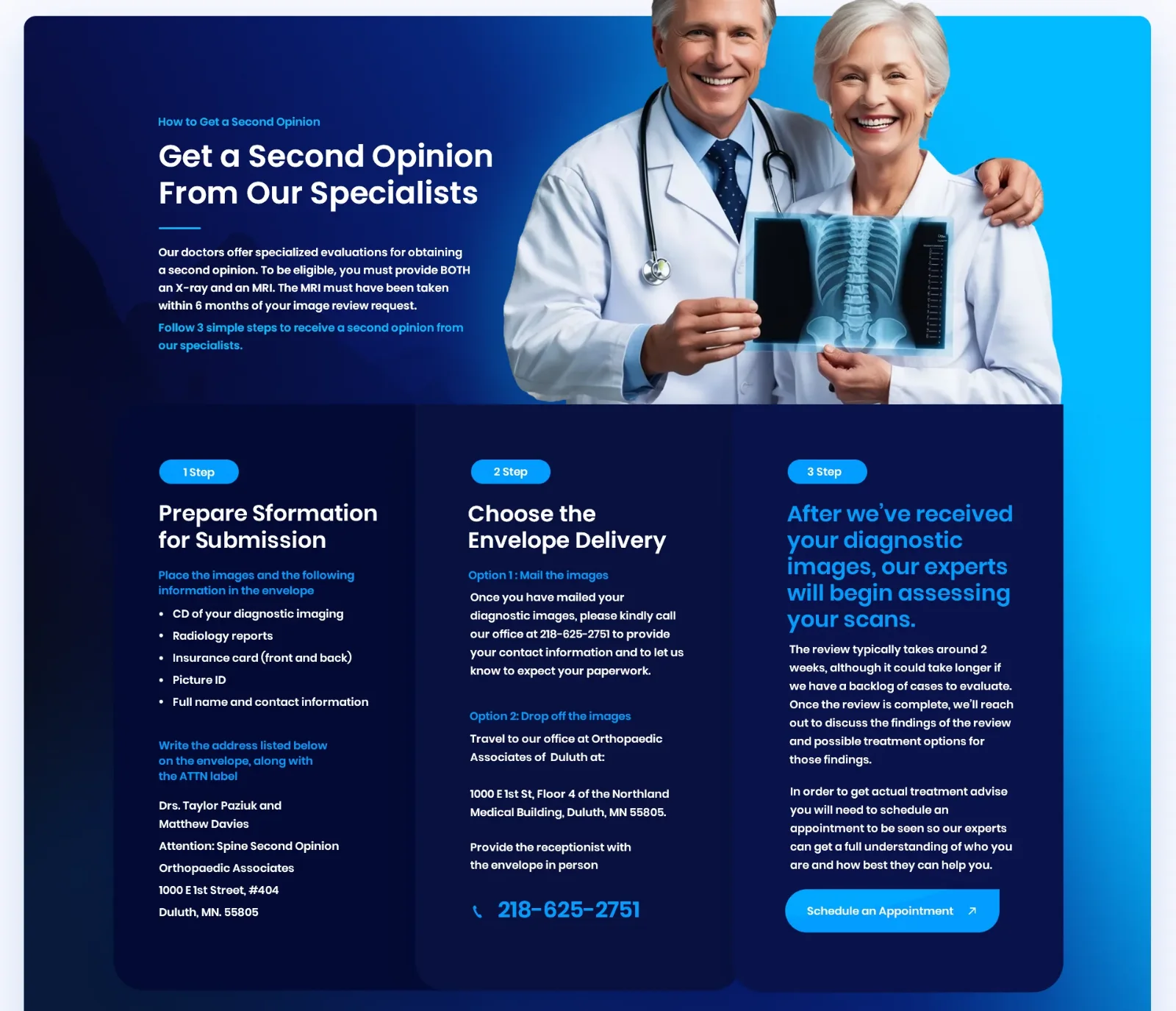 Second opinion page design for a spine clinic: headline Get a Second Opinion From Our Specialists, two smiling doctors holding an X-ray, and three step cards for preparing, delivering and reviewing images