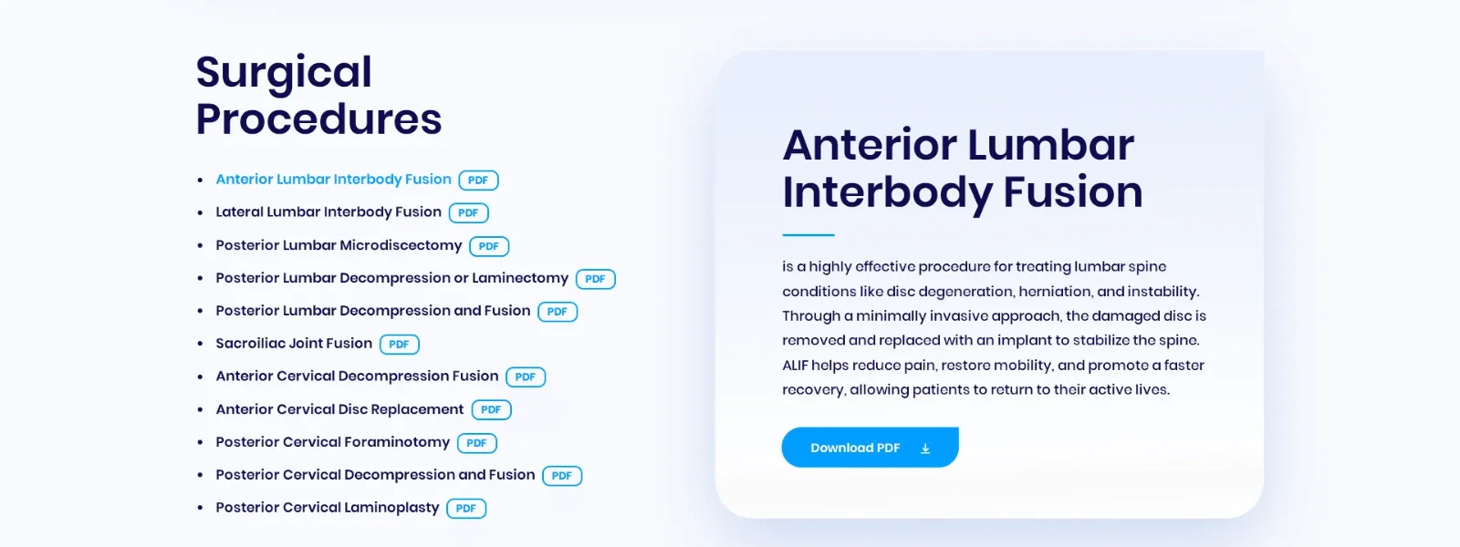 Surgical procedures list for a spine clinic website with eleven procedures, each tagged PDF, beside a card describing Anterior Lumbar Interbody Fusion with a download button