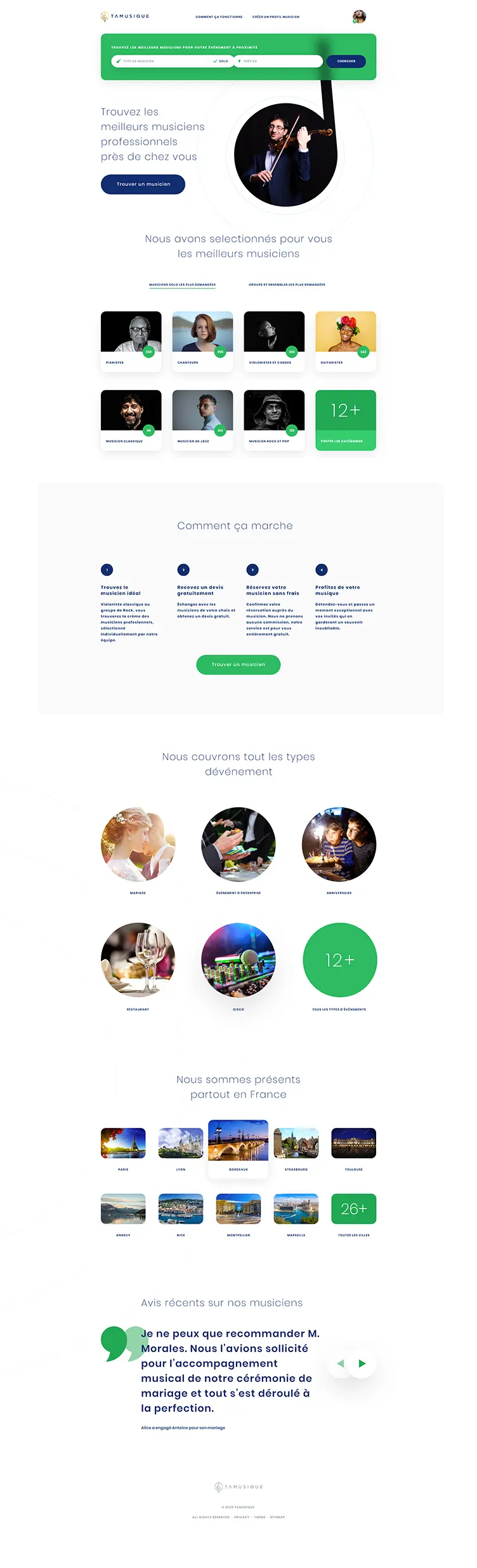 Ta Musique French-language musician booking website section: find a musician button and event categories