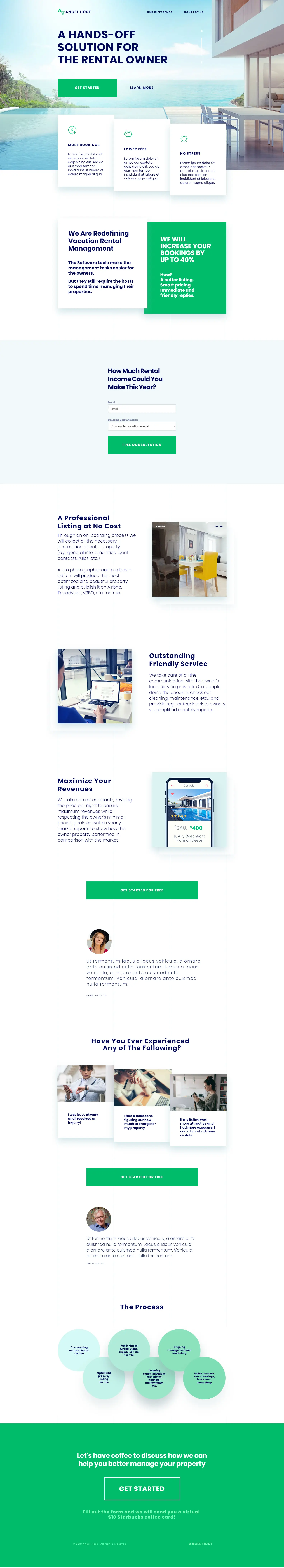 Vacation rental management service page design: free professional listing, before and after room photo, Airbnb and VRBO listings